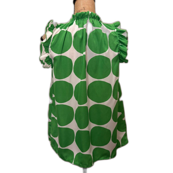 Ces Femme Bold Polka Dot Sleeveless Blouse Ruffle Trim Twee Green Size Small - Picture 2 of 4
